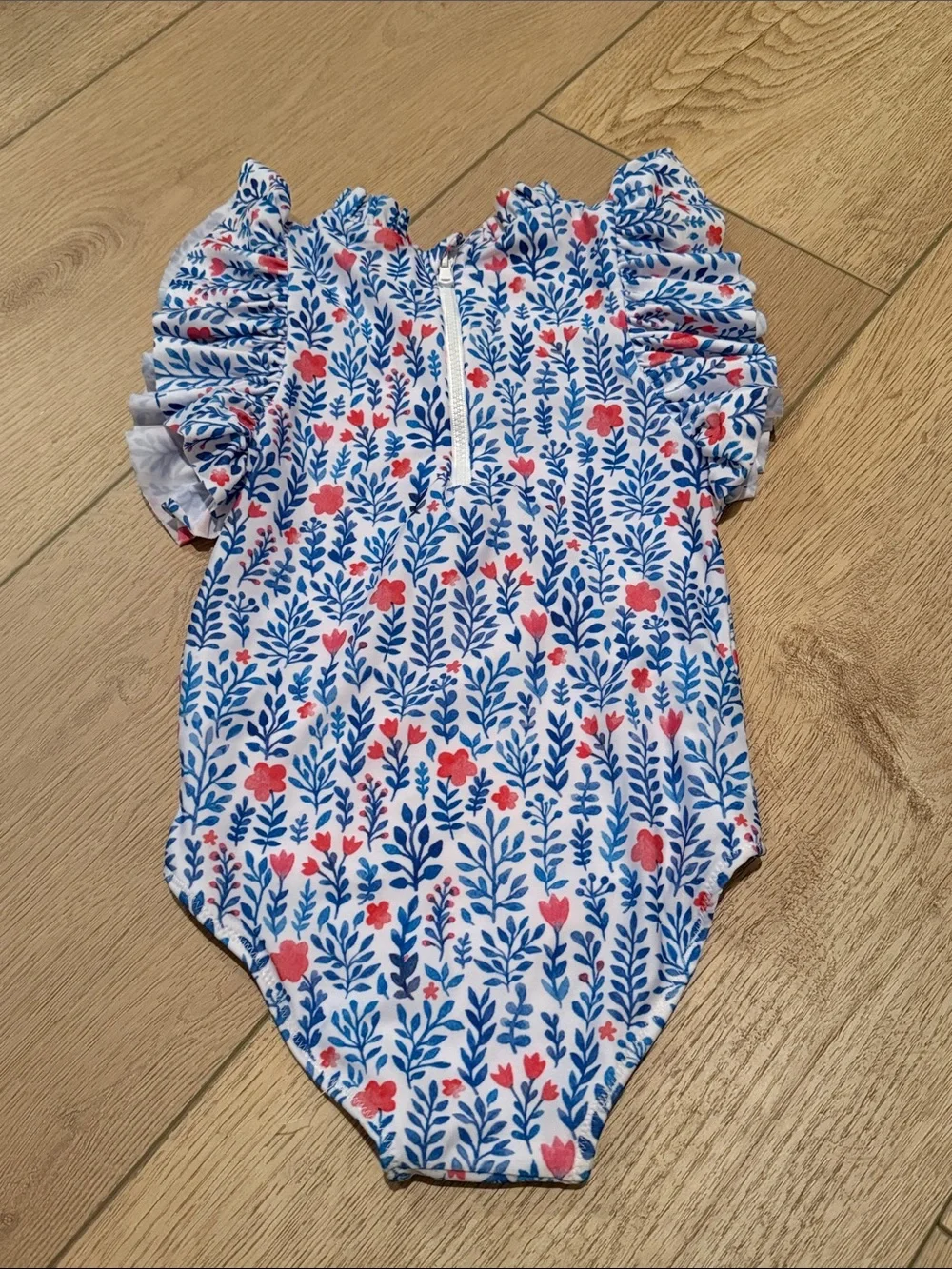 Girls Floral Blue and Pink Ruffle-Sleeve One-Piece Swim